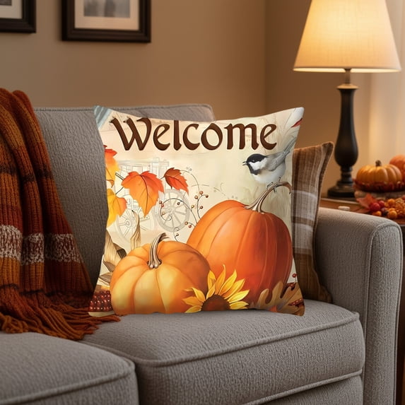Eliaeconx Thanksgiving Pillow Covers, Fall Decor Cushion Cases, 18x18 Inch Pumpkin Pattern, Soft Material Hidden Zipper, for Living Room Sofa Bedroom Home Decoration, D