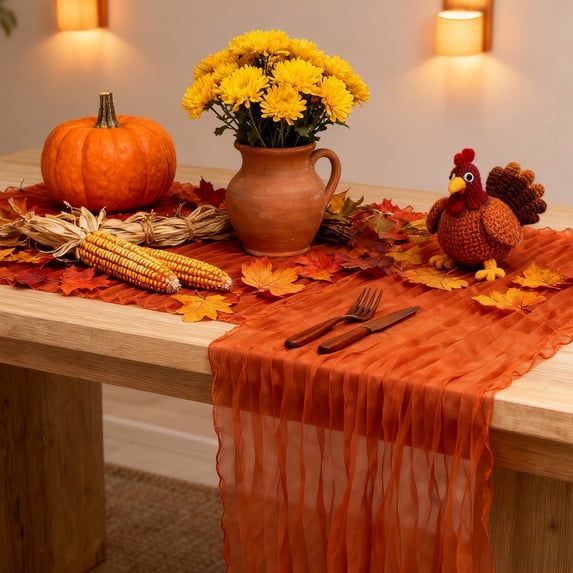 Eliaeconx Thanksgiving Table Runner, 71 Inch Bohemian Tablecloth, Polyester Pleated Design, Fall Party Decor, for Wedding and Holiday Tables, B
