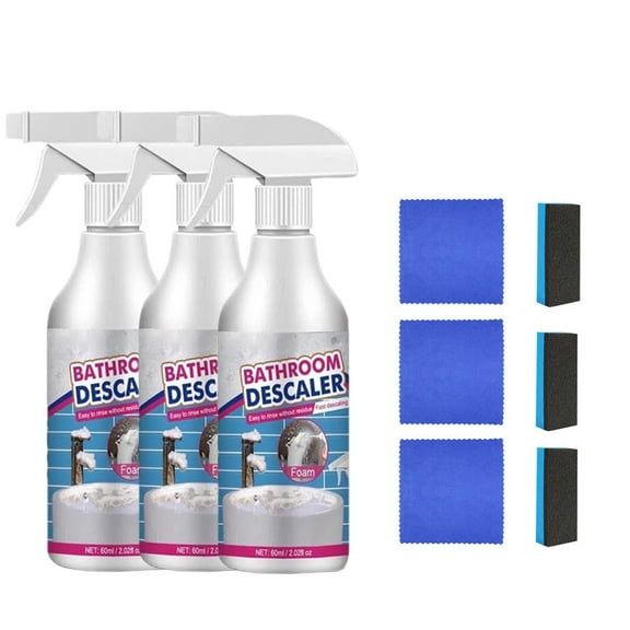 Eliaeconx Tub Cleaner Spray, 3-Pack Bathroom Maintenance Kit, 2oz Glass Descaler with Cloth, Sponge for Faucet, Tile, Shower Door Cleaning, C