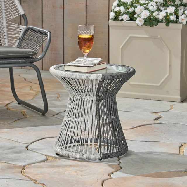Elian Outdoor Rope Woven Side Table with Tempered Glass Top, Gray, White