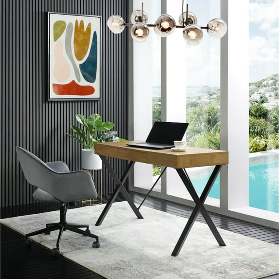Elian Rectangular X-Leg MDF Desk with a Drawer, Natural/Black