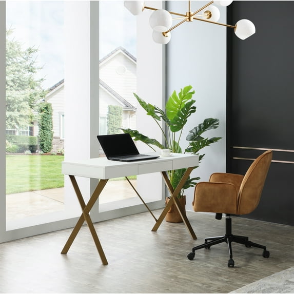Elian Rectangular X-Leg MDF Desk with a Drawer, White/Gold