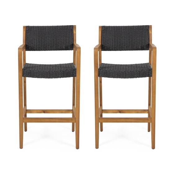 Eliani Outdoor Acacia Wood Barstools with Wicker, Set of 2, Teak and Black