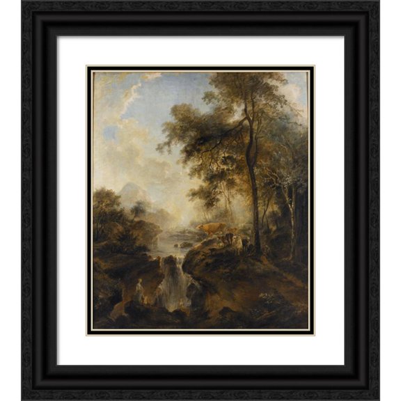 Elias Martin 20x23 Black Ornate Framed Double Matted Museum Art Print Titled: Landscape with a Waterfall and Cattle (1768)