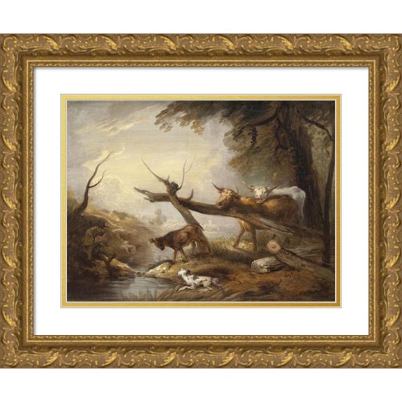 Elias Martin 24x19 Gold Ornate Framed and Double Matted Museum Art Print Titled - Cattle by a Stream (From 1768 Until 1780)