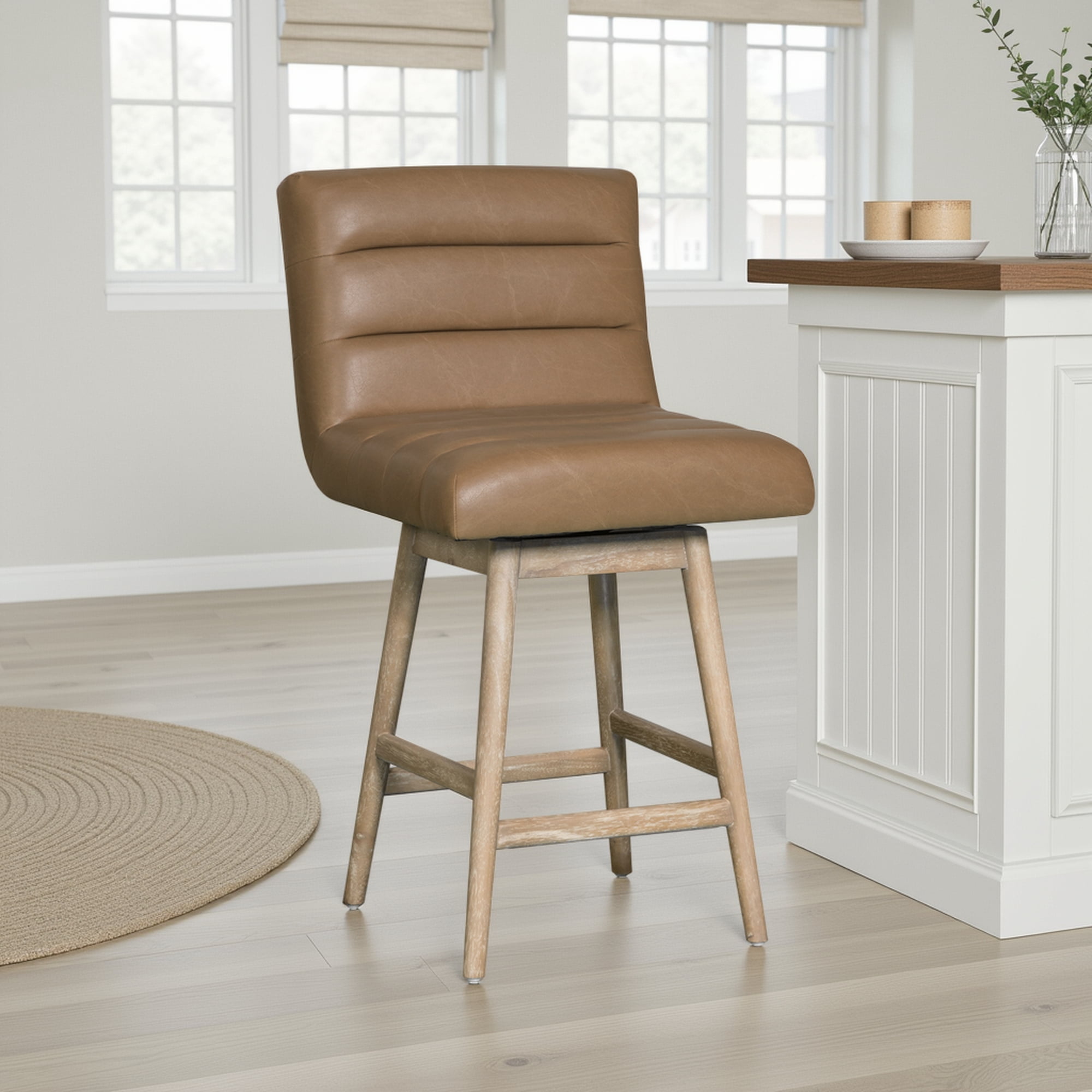 Elias Mid-Century Modern Swivel Rubberwood Counter Or Bar Height Barstool With Faux Leather Seat