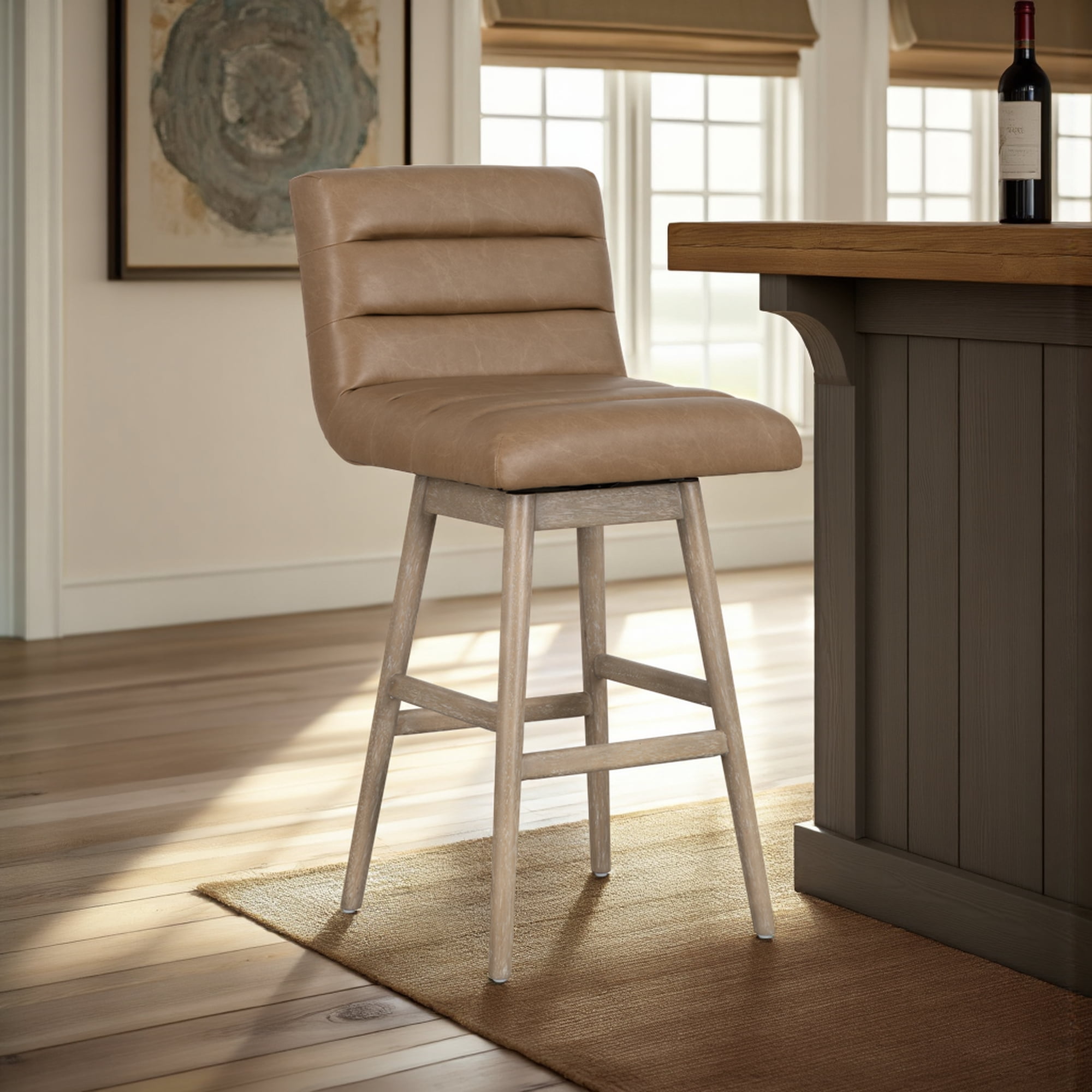 Elias Mid-Century Modern Swivel Rubberwood Counter Or Bar Height Barstool With Faux Leather Seat