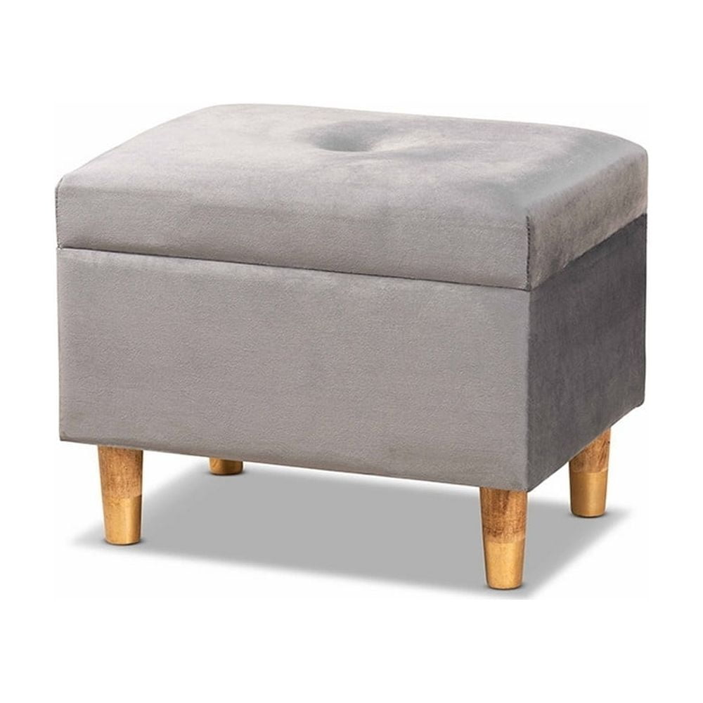 Elias Grey Velvet Upholstered Storage Ottoman with Oak Legs