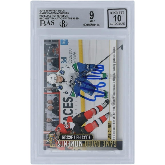 Elias Pettersson Vancouver Canucks Autographed 2018-19 Upper Deck Game Dated Moments #42 Beckett Fanatics Witnessed