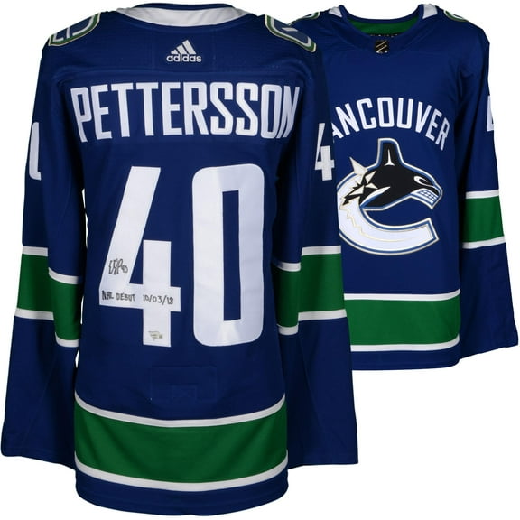 Elias Pettersson Vancouver Canucks Autographed Blue Adidas Jersey with "NHL Debut 10/3/18" Inscription - Fanatics Authentic Certified