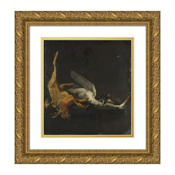 Elias Vonck 12x13 Gold Ornate Wood Frame and Double Matted Museum Art Print Titled - Still Life with Hare, Heron and Other Birds (1630 - 1652)