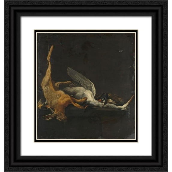 Elias Vonck 15x16 Black Ornate Wood Framed Double Matted Museum Art Print Titled - Still Life with Hare, Heron and Other Birds (1630 - 1652)