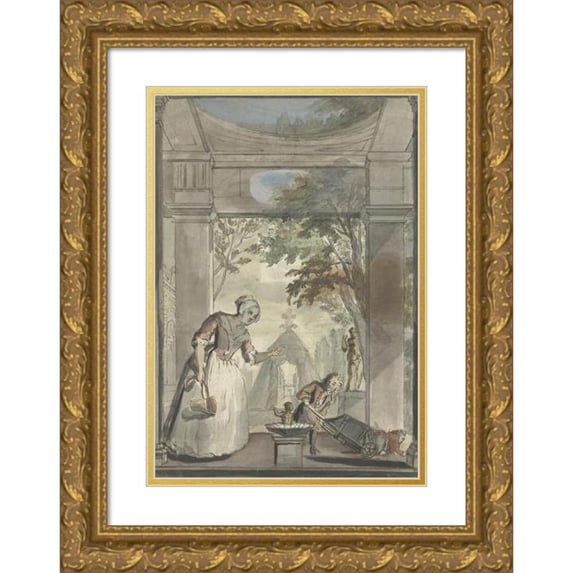 Elias van Nijmegen 11x14 Gold Ornate Wood Frame and Double Matted Museum Art Print Titled - Maid with Boy Who Makes Child from Wheelbarrow Tumbling (1677 - 1755)