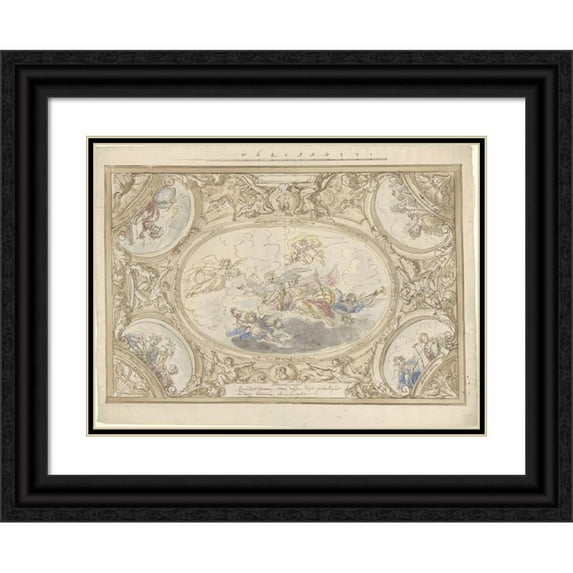 Elias van Nijmegen 24x19 Black Ornate Framed Double Matted Museum Art Print Titled: Design for a Ceiling Painting with Allegory on Fame (1677 - 1755)