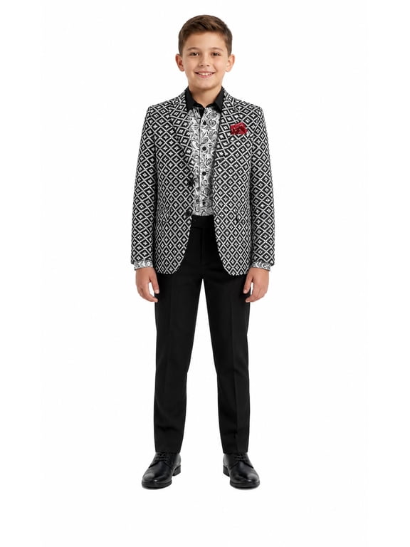 Elie Balleh Boy's Stamp Boucle Blazers Sports Coat Jacket - BLACK, M/4-5