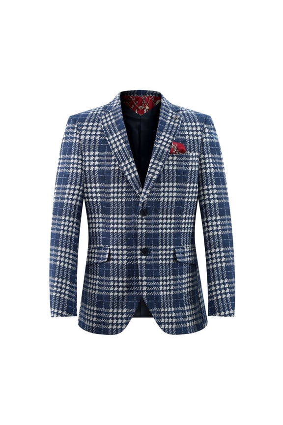 Boy's Buffalo Plaid Brocade Blazers Sports Coat Jacket NAVY - M/10-12