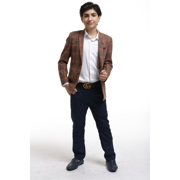 Elie Balleh Boy's Camel Plaid Blazer Jacket