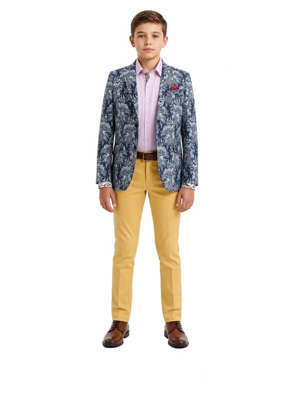 Boy's Floral Brocade Blazers Sports Coat Jacket NAVY - M/4-5