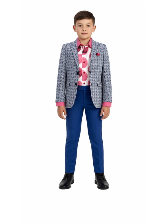 Boy's Hondtooth Brocade Blazers Sports Coat Jacket NAVY - M/4-5