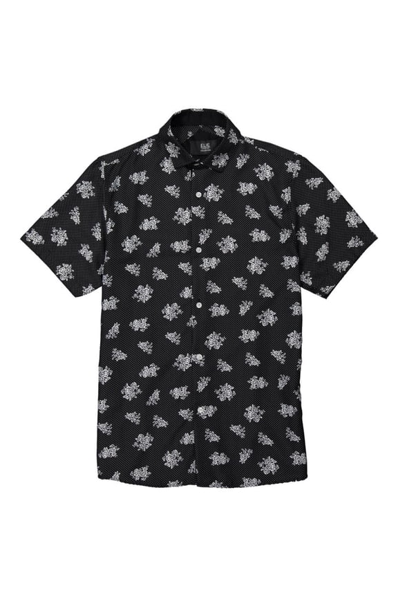 Mans Black Floral Print Short Sleeve Button Down Shirt