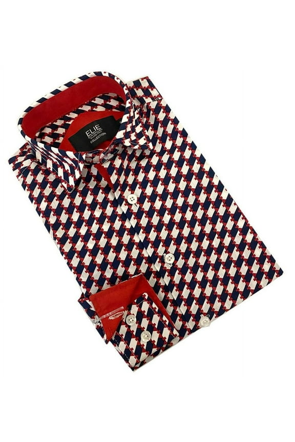 Mans Red Geometric Short Sleeve Button Down Shirt