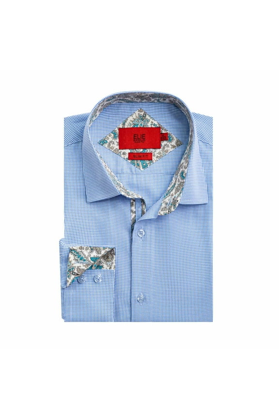 Men's Baby Blue Slim Fit Houndstooth Dress Button-Down Shirt