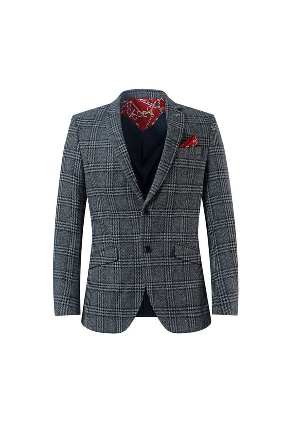 Men's Grey Slim Fit Glen Plaid Wool Blazer