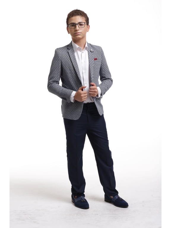 Navy Navy Geometric Brocade Boy's Blazers Sports Coat Jacket