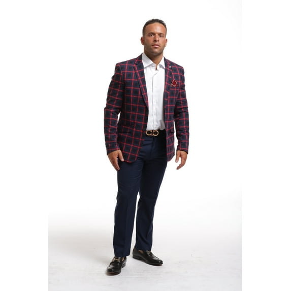 Elie Balleh Navy Wild Red Checkered Men's Blazers Sports Coat Jacket