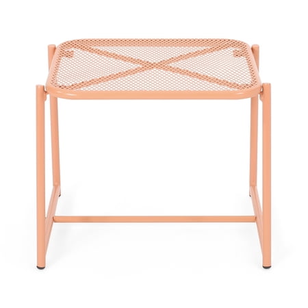 Elie Outdoor Side End Table, 20 Inch Mesh Top, Orange Metal Sled Base