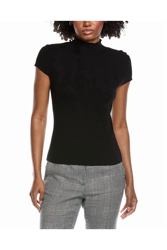 womens Cap Sleeve High Neck Rib Top, m, Black