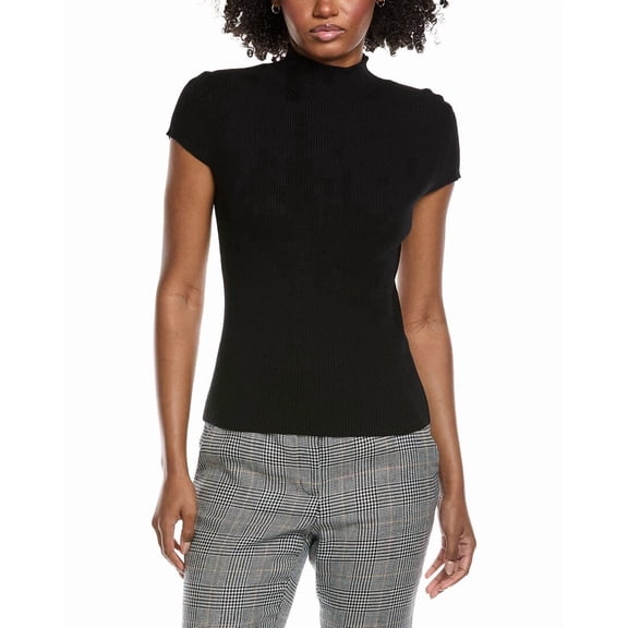 Elie Tahari womens Cap Sleeve High Neck Rib Top, s, Black