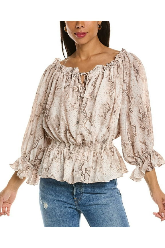 womens Off-The-Shoulder Silk Blouse, XS, Beige