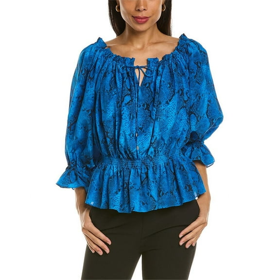 Elie Tahari womens Off-The-Shoulder Silk Blouse, XS, Blue