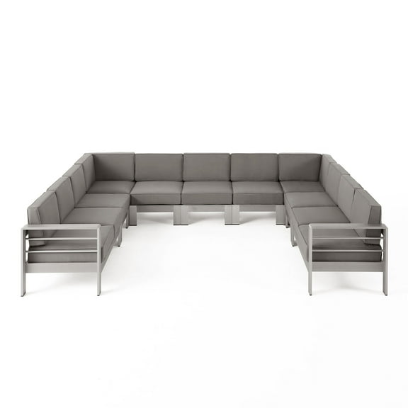 Noble House Cape Coral 11 Seater Aluminum U-Shaped Sofa Sectional Silver/Khaki