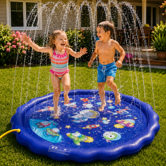 Elif 68" Splash Pad for Kids & Dogs, Non-Slip Sprinkler Mat (Dark Blue)