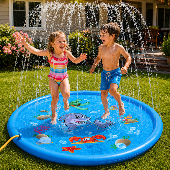 Elif 68" Splash Pad for Kids & Dogs, Non-Slip Sprinkler Mat (Blue)