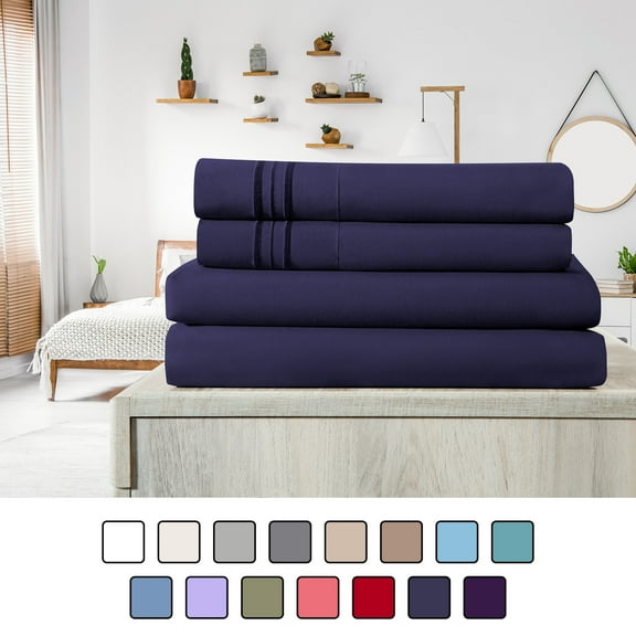 Elif California King Size Bed Sheets Set Microfiber Machine Washable, Navy Blue