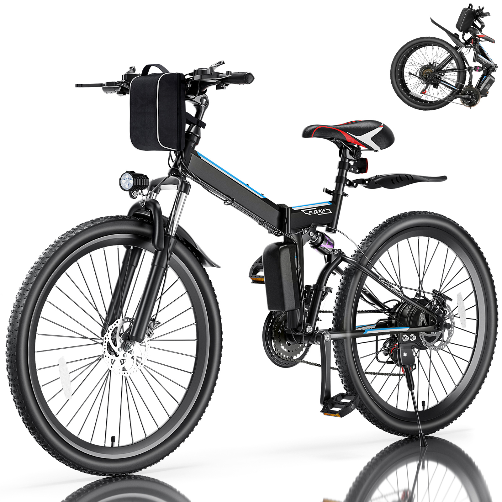 Elifine 26" Folding Electric Bike for Adults, 22Mph, 500W Electric Mountain Bike, 21 Speed, Full Suspension, 48V Foldable Ebike 7.8Ah Lithium-Ion Battery Electric Mountain Bicycle, UL2849