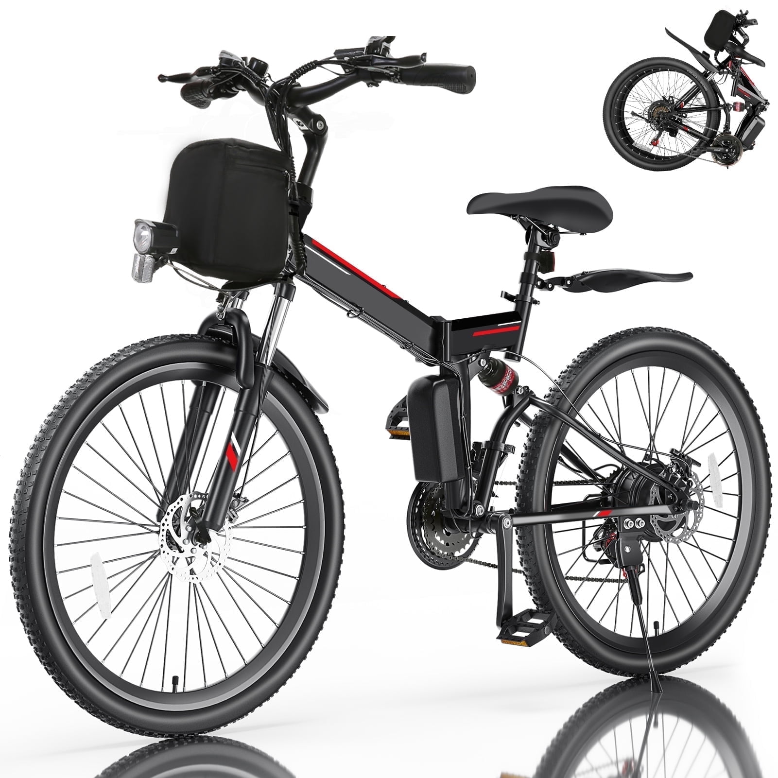 Elifine 500W 26" Electric Bike Folding Electric Mountain Bike, 22Mph, 48V 7.8Ah Battery Foldable Ebike, 21 Speed, Full Suspension Mountain E-bikes for Adults Women Men with 5 Riding Modes