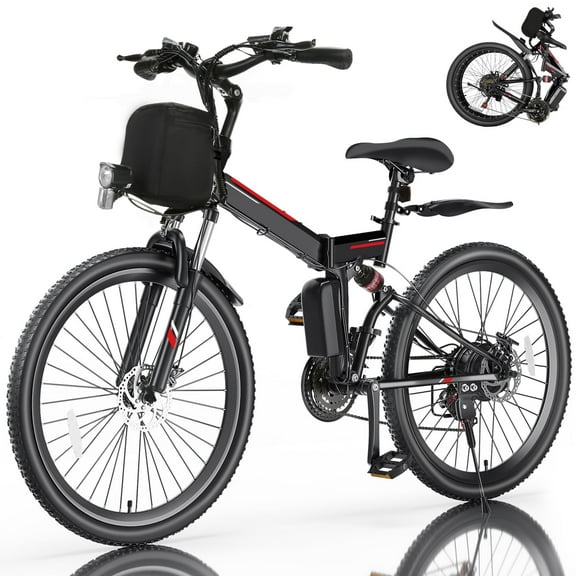 Elifine 500W 26" Electric Bike Folding Electric Mountain Bike, 22Mph, 48V 7.8Ah Battery Foldable Ebike, 21 Speed, Full Suspension Mountain E-bikes for Adults Women Men with 5 Riding Modes