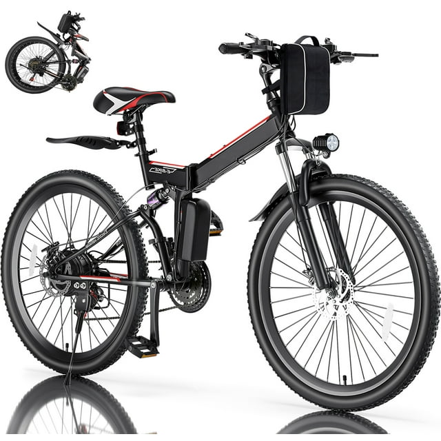 Elifine 500W 26" Electric Bike Folding Electric Mountain Bike for Adults, 48V 7.8Ah Battery Foldable Ebike, 21 Speed, Full Suspension Commuter E-bikes for Men Women with 5 Riding Modes, UL2849