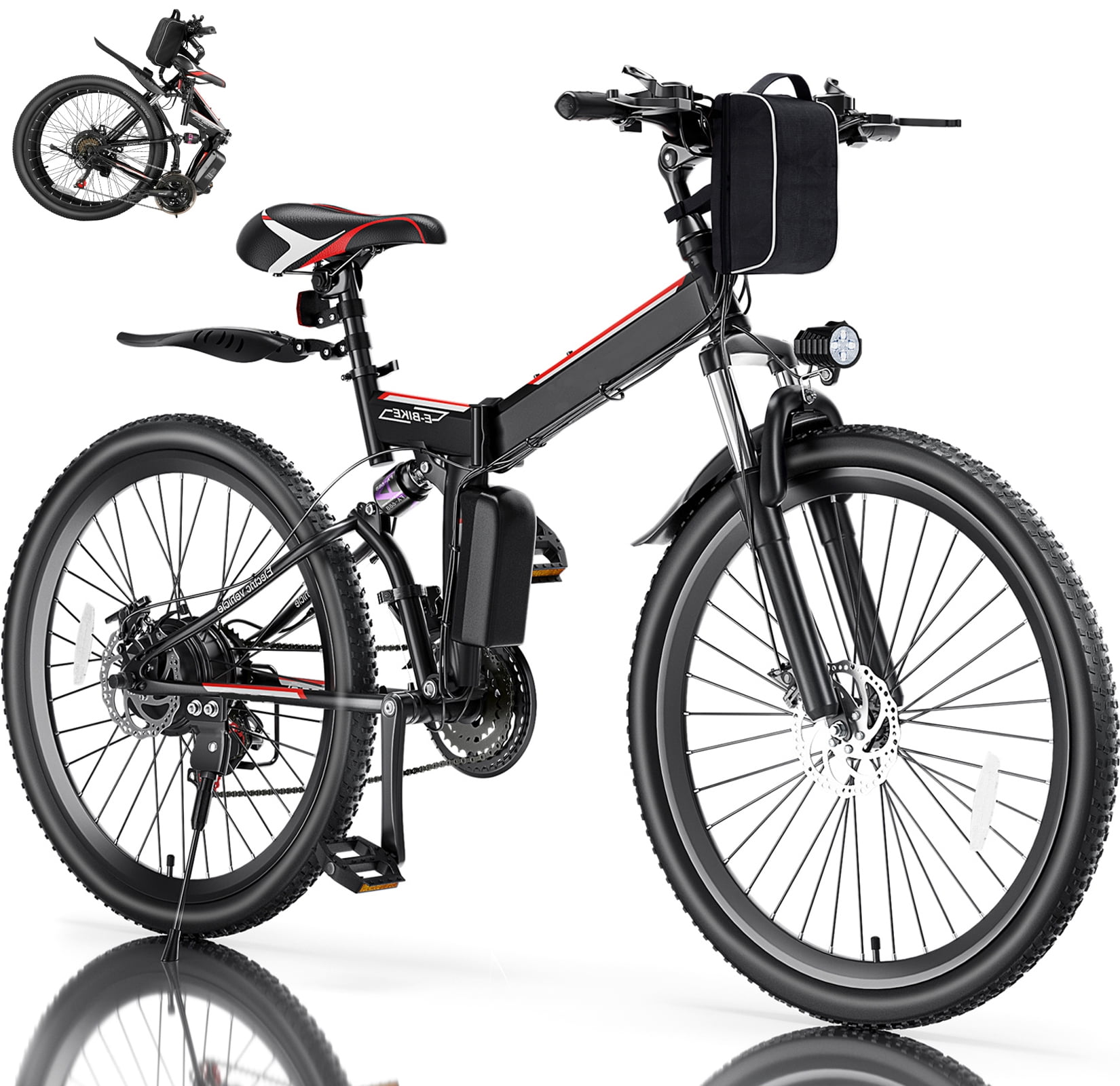 Elifine 500W 26" Electric Bike Folding Electric Mountain Bike, 48V 7