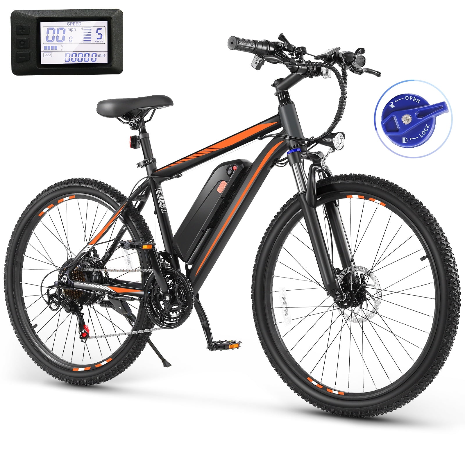 Elifine 500W Electric Bike 26" Electric Bike for Adults, 20mph Electric Mountain Bicycle, 48V Removable Battery Commuter Ebike, Adjustable 21-Speed Gears, Aluminum Alloy Frame UL 2849 Orange