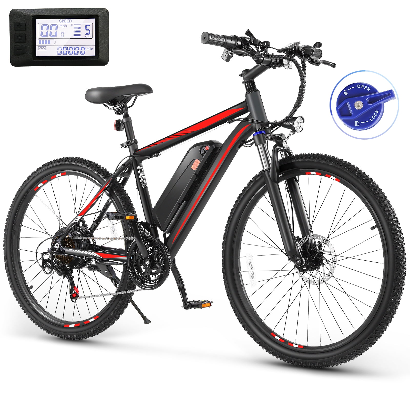 Elifine 500W Electric Bike 26" Electric Bike for Adults, 20mph Electric Mountain Bicycle, 48V Removable Battery Commuter Ebike, Adjustable 21-Speed Gears, Aluminum Alloy Frame UL 2849 Certified Red