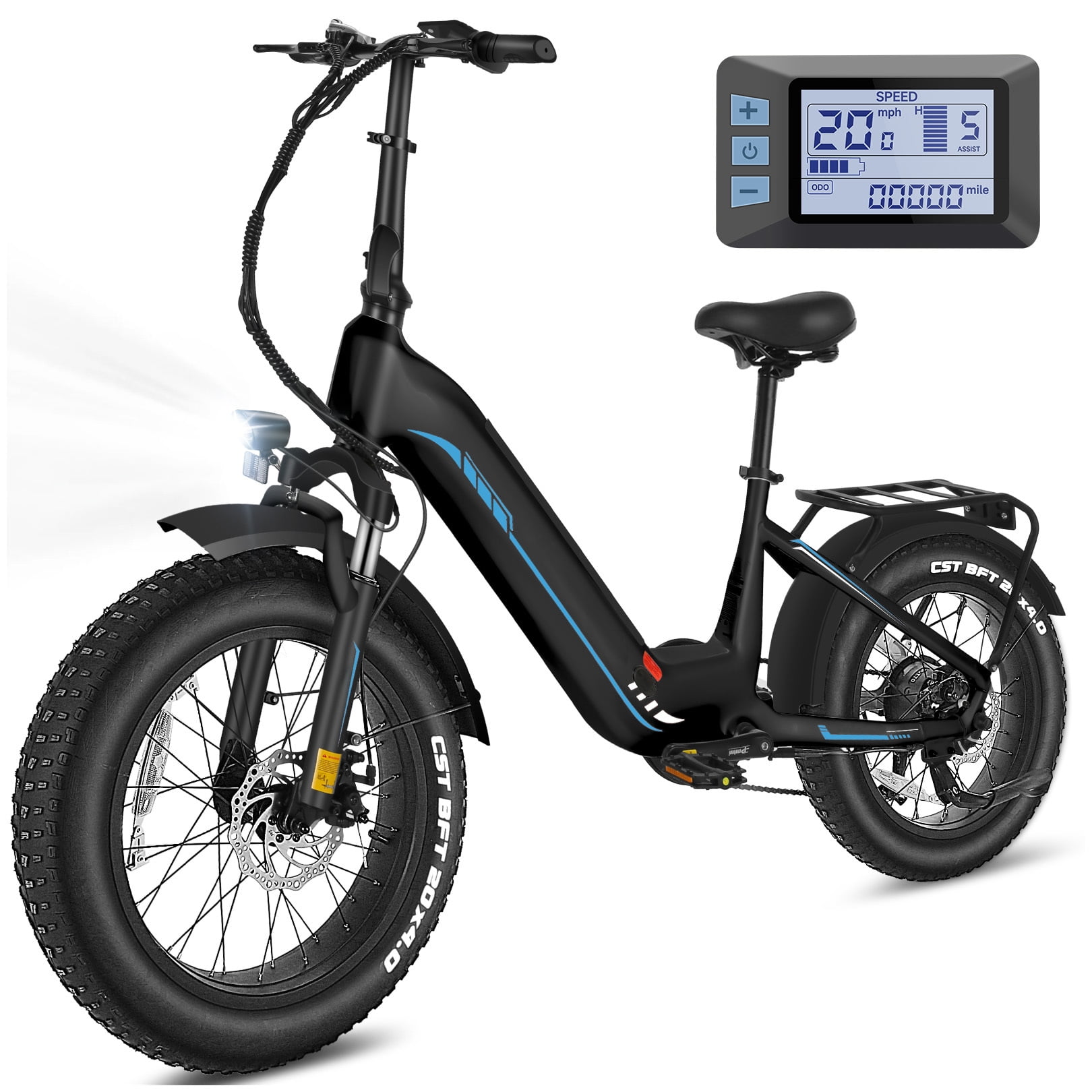 Elifine 500W Peak 1025W Electric Bike for Adults 20"x4" Fat Tire Shimano 7 Speed Ebike UL2849 Blue