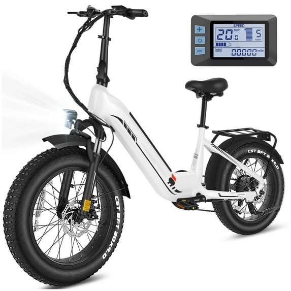 Elifine 500W Peak 1025W Electric Bike for Adults 20"x4" Fat Tire Shimano 7 Speed Ebike UL2849 White