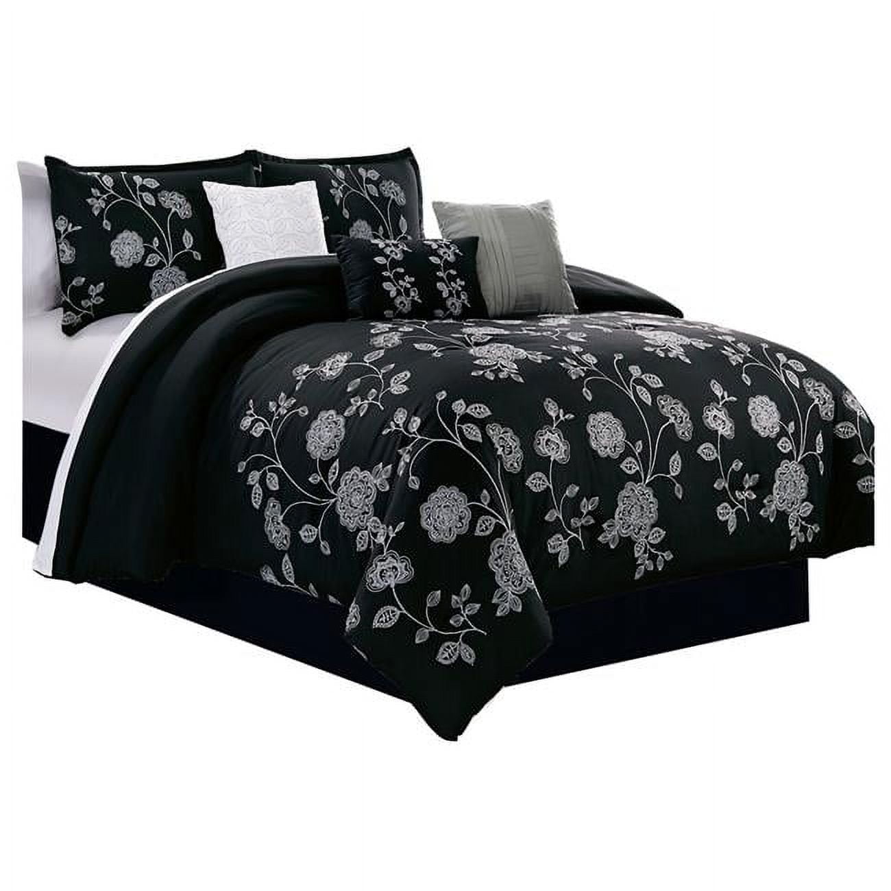 King Black Microfiber Floral Embroidered Comforter Set