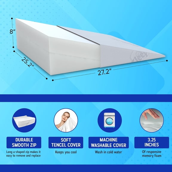 Eligible 8" Bed Wedge Pillow – Memory Foam Wedge for Sleeping, Acid Reflux Pillow for Snoring, GERD, Pregnancy, Sleep Apnea, Reading