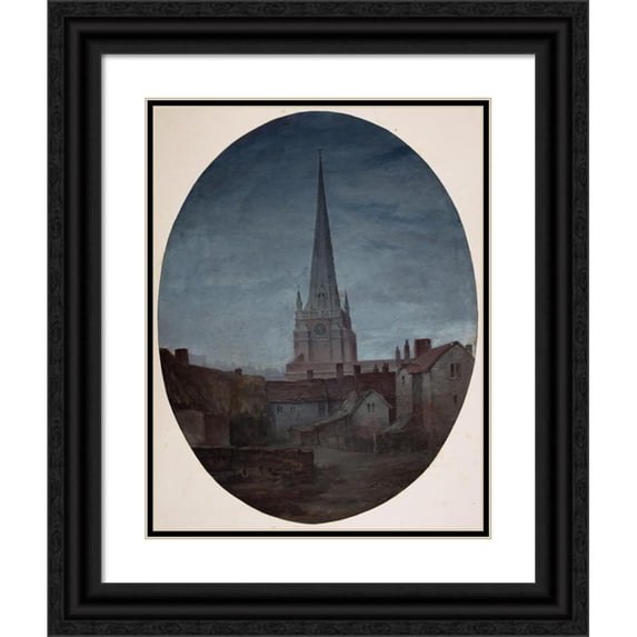 Elijah Walton 12x14 Black Ornate Wood Framed Double Matted Museum Art Print Titled: St Martin's Church Birmingham, by Night (1850-1888)